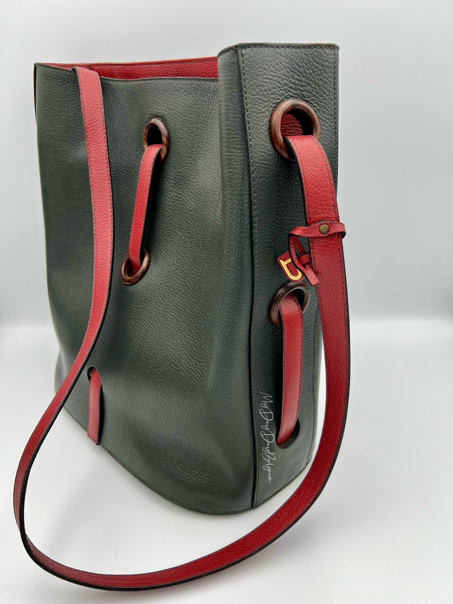 Vintage Delvaux work and bucket bag 1993 in dual colour green and red