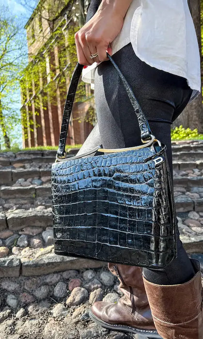 Delvaux Vintage Black Crocodile Leather Top Handle 1960